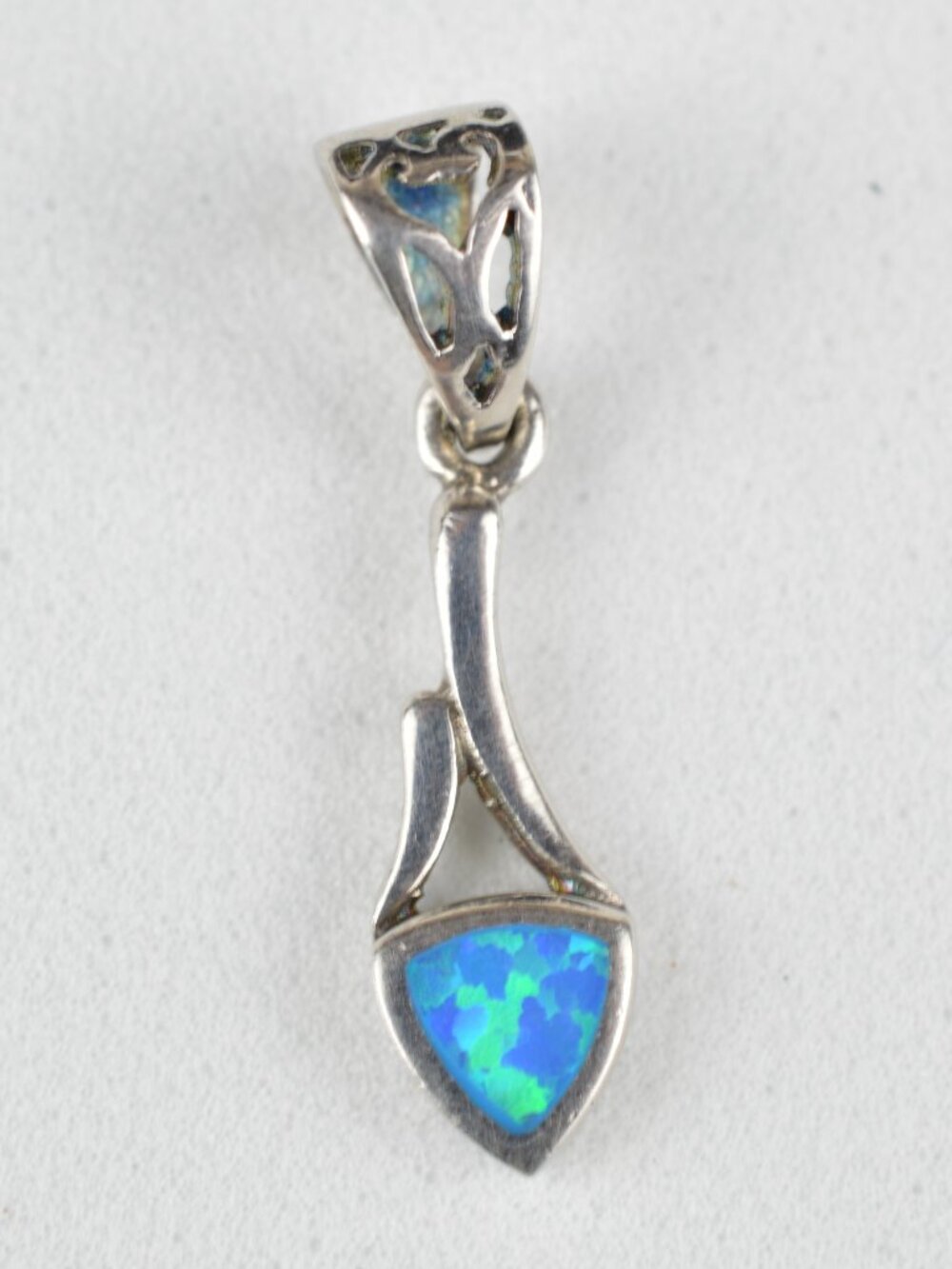 925 Sterling Silver Blue Fire Opal Pendant Wave Drop Triangle Inlay Charm 1.3g